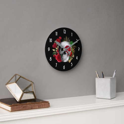 Goth Skull with Red Flowers  Gold Leaves Round Clock