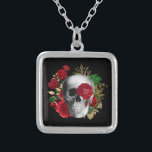 Goth Skull with Red Flowers & Gold Leaves Silver Plated Necklace<br><div class="desc">A necklace with a goth style illustration.  
Beautiful red roses and gold leaves surrounding a black and white skull.</div>