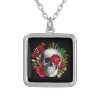 Goth Skull with Red Flowers & Gold Leaves