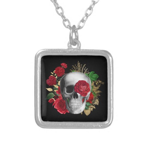 Goth Skull with Red Flowers  Gold Leaves Silver Plated Necklace