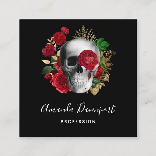 Goth Skull with Red Flowers  Gold Leaves Square Business Card