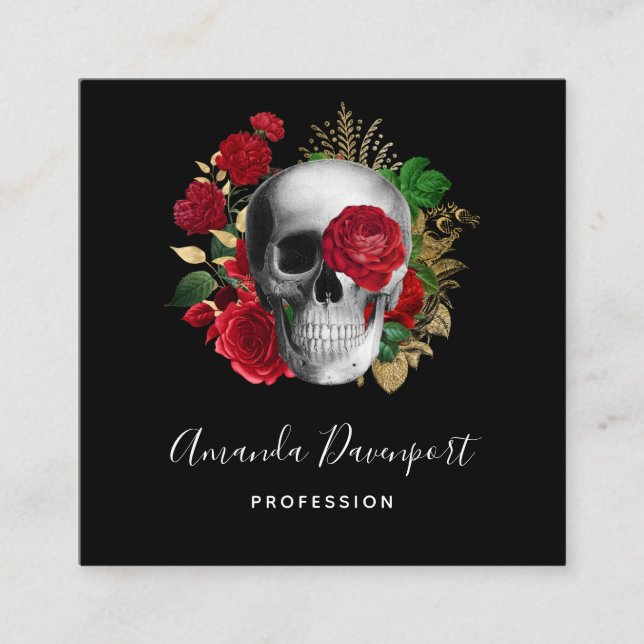 Goth Skull with Red Flowers & Gold Leaves Square Business Card (Front)
