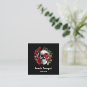 Goth Skull with Red Flowers & Gold Leaves Square Business Card