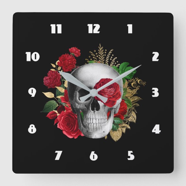 Goth Skull with Red Flowers & Gold Leaves Square Wall Clock (Front)