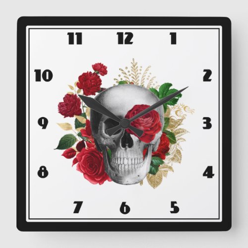 Goth Skull with Red Flowers  Gold Leaves Square Wall Clock