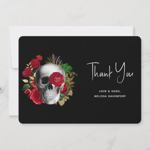 Goth Skull with Red Flowers  Gold Leaves Thank You Card