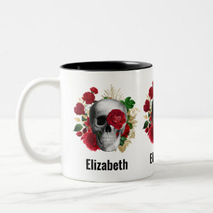 Goth Skull with Red Flowers & Gold Leaves Two-Tone Coffee Mug