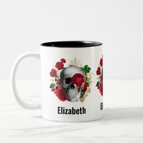 Goth Skull with Red Flowers  Gold Leaves Two_Tone Coffee Mug