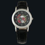 Goth Skull with Red Flowers & Gold Leaves Watch<br><div class="desc">A watch with a goth style illustration.  
Beautiful red roses and gold leaves surrounding a black and white skull.</div>