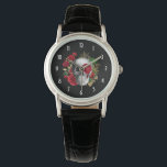 Goth Skull with Red Flowers & Gold Leaves Watch<br><div class="desc">A watch with a goth style illustration.  
Beautiful red roses and gold leaves surrounding a black and white skull.</div>