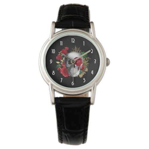 Goth Skull with Red Flowers  Gold Leaves Watch