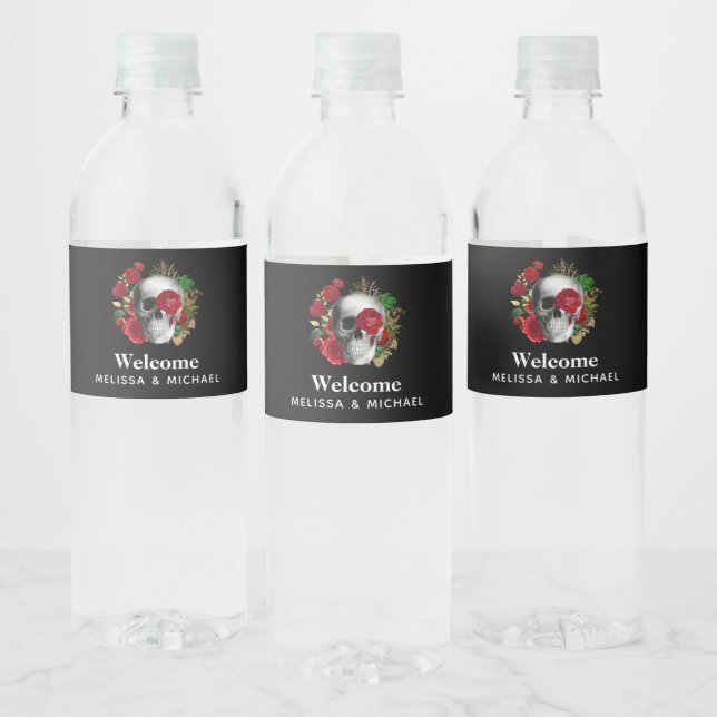 Goth Skull with Red Flowers & Gold Leaves Wedding Water Bottle Label (Bottles)