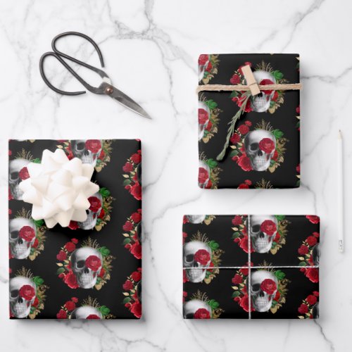 Goth Skull with Red Flowers  Gold Leaves Wrapping Paper Sheets