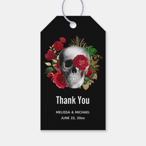 Goth Skull with Red Flowers Thank You Gift Tags