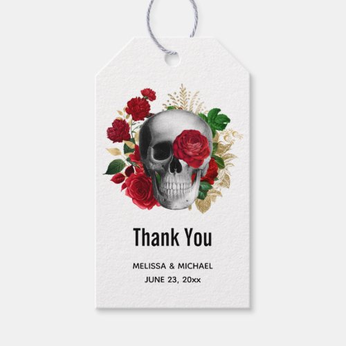 Goth Skull with Red Flowers Thank You Gift Tags