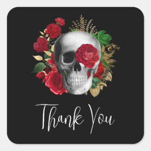Goth Skull with Red Flowers Thank You Square Sticker