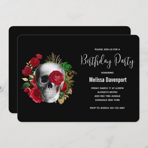Goth Skull with Red Roses Birthday Invitation
