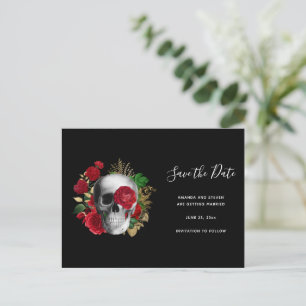 Goth Skull with Red Roses Save the Date Invitation Postcard