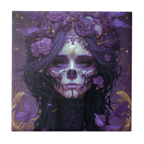 Goth Skull Woman Dark Fantasy Art Ceramic Tile