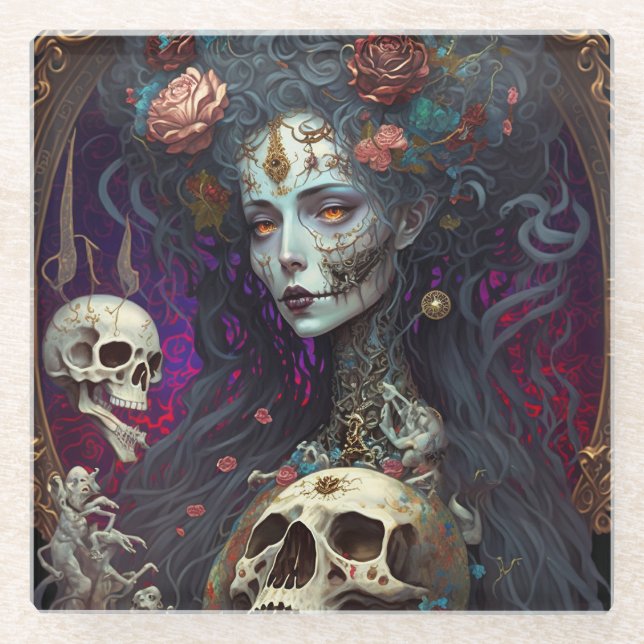 Goth Skull Zombie Woman Gothic Glass Coaster (Front)