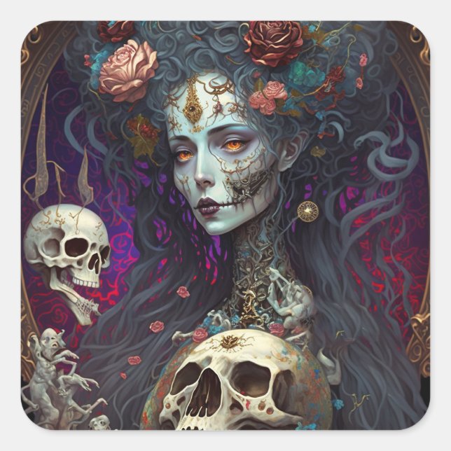 Goth Skull Zombie Woman Gothic Square Sticker (Front)