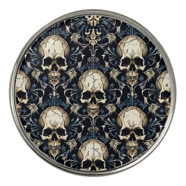 Goth Skulls and Blue Floral Golf Ball Marker (Front)