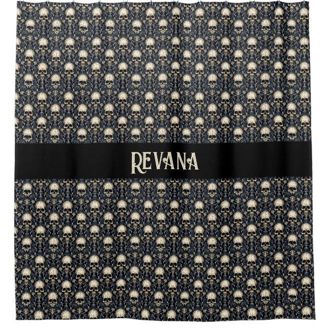 Goth Skulls and Blue Floral Shower Curtain (Front)