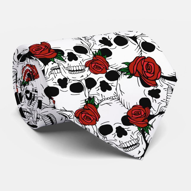 Goth Skulls and Red Roses Patterned Neck Tie (Rolled)