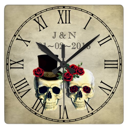 Goth Skulls Married Couple Custom Wedding Square Wall Clock