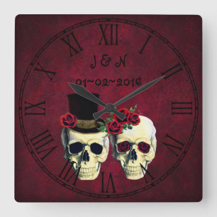 Goth Skulls Married Couple Custom Wedding Square Wall Clock
