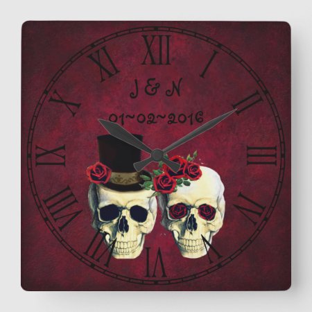 Goth Skulls Married Couple Custom Wedding Square Wall Clock