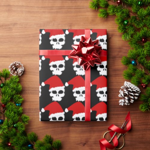 Goth Skulls Wearing Christmas Santa Hats on Black Wrapping Paper