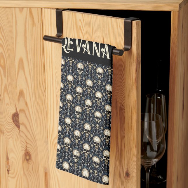 Goth Skulls with Blue Floral Kitchen Towel (Thirds Fold)