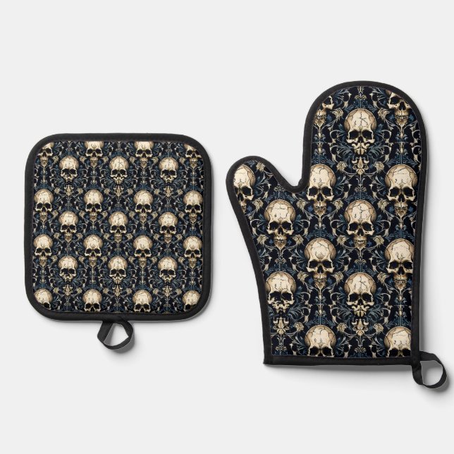 Goth Skulls with Blue Floral Oven Mitt & Pot Holder Set (Front)