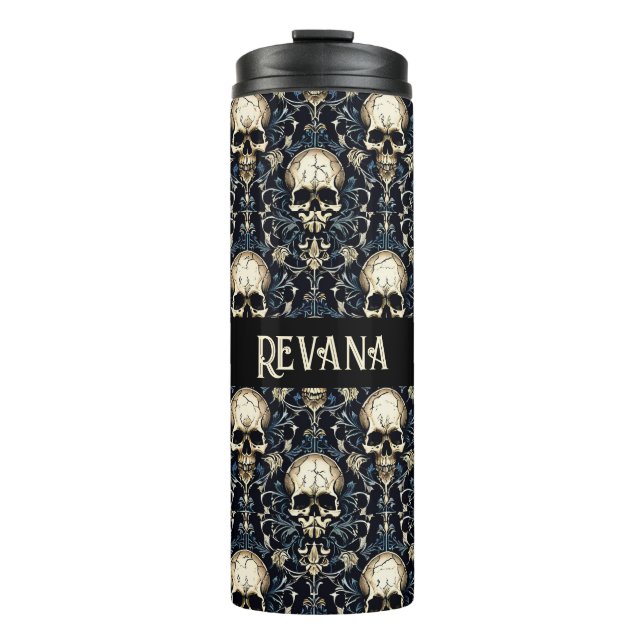 Goth Skulls with Blue Floral Thermal Tumbler (Front)