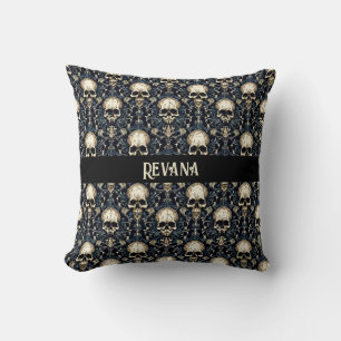Goth Skulls with Blue Floral Throw Pillow