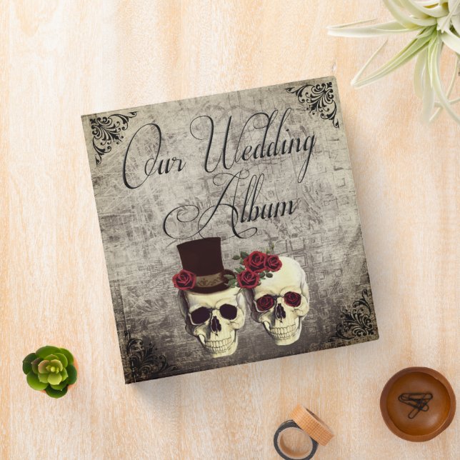 Goth Skulls with Roses Wedding Photo Album 3 Ring Binder (In Situ)
