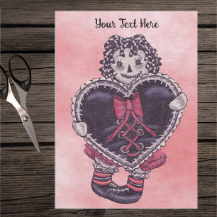 Goth Smiling Rag Doll Yarn Hair Black Heart Lace Tissue Paper