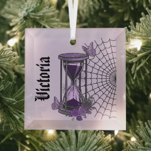 Goth Spiderweb and Hourglass Custom Name Glass Ornament