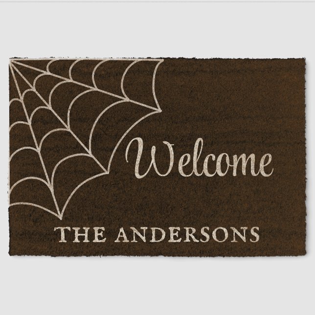Goth Spiderweb Black and White Personalized Fiber Doormat (Front)