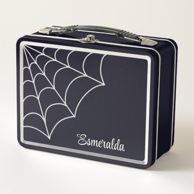Goth Spiderweb Black and White Personalized Metal Lunch Box (Front)