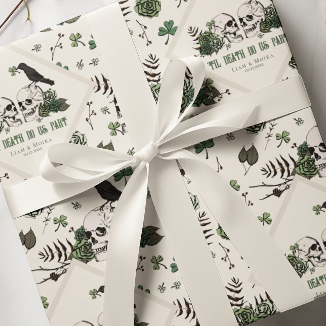 Goth St. Patricks Day Floral Skulls Irish Wedding Wrapping Paper (Chic Gothic Wedding Til Death Do Us Part Gift Wrap in Ivory. Hand Drawn Skull, Raven & Green Roses)