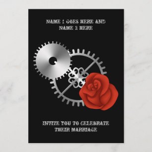 Goth steampunk victorian rose and gears wedding invitation