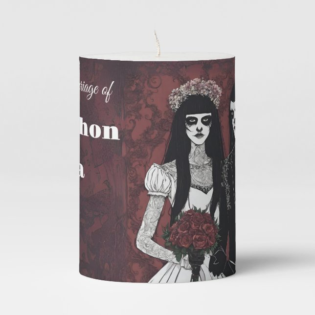 Goth style wedding table decorations Dark Moody Pillar Candle (Front)