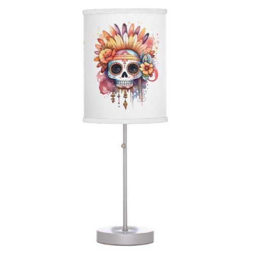 Goth Sugar Skull Feather Headdress Colorful Design Table Lamp