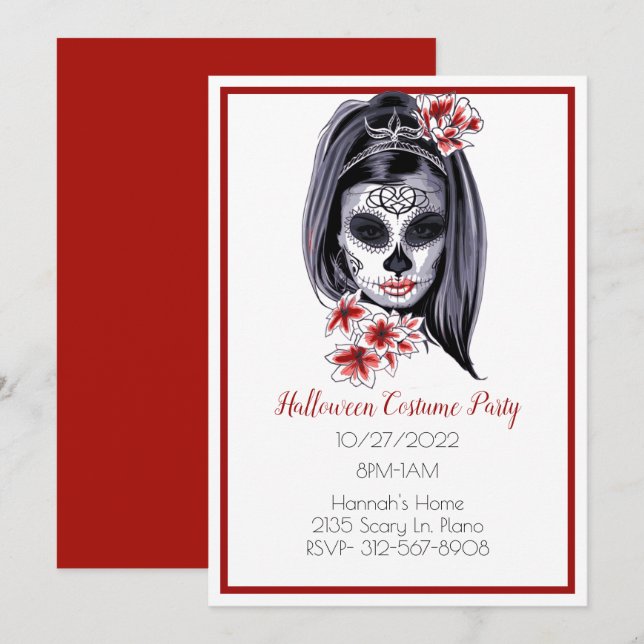 Goth Sugar Skull Girl Halloween Invitation (Front/Back)
