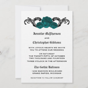 Goth Swirl Roses Wedding Invite, Teal Invitation