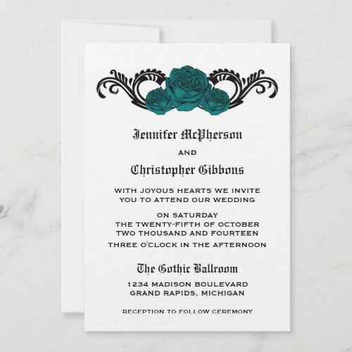 Goth Swirl Roses Wedding Invite Teal Invitation