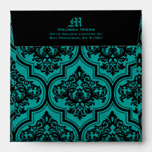 Goth Teal Black Damask Wedding Envelope