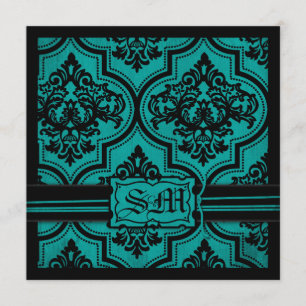 Goth Teal Black Damask Wedding Invitations